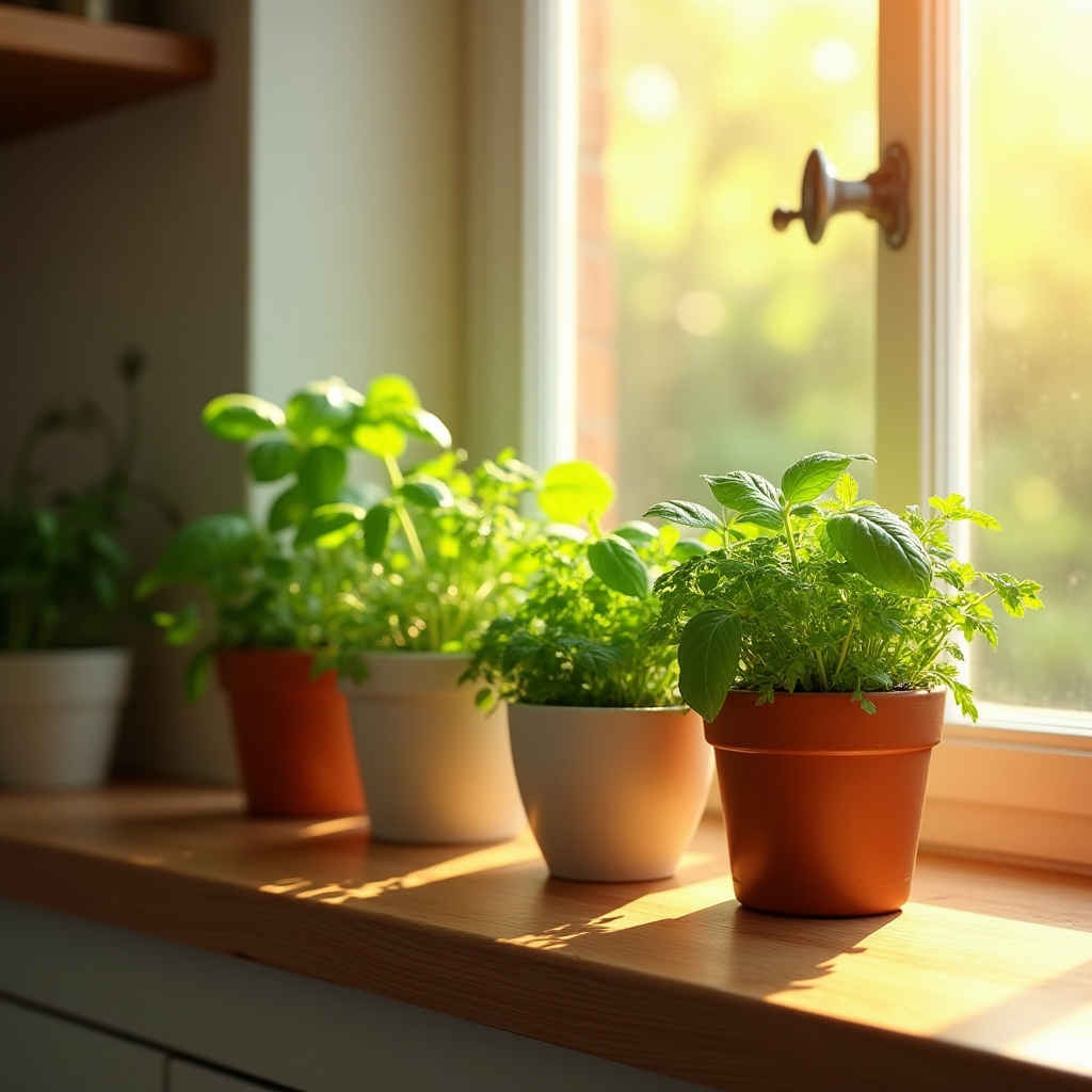 Compact herb garden growing on a bright kitchen windowsill with basil, mint and parsley