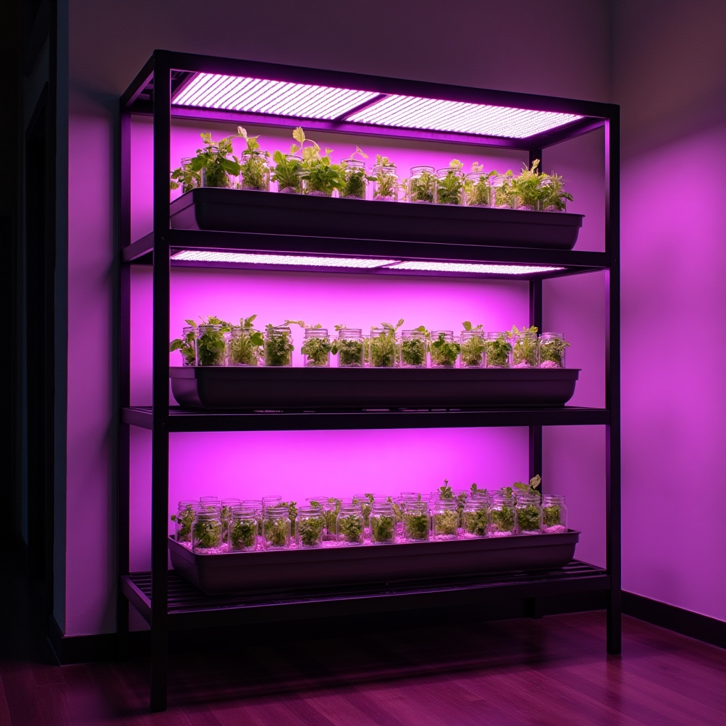 Compact indoor growing shelf with LED grow lights illuminating herb plants in hydroponic jars in a modern apartment