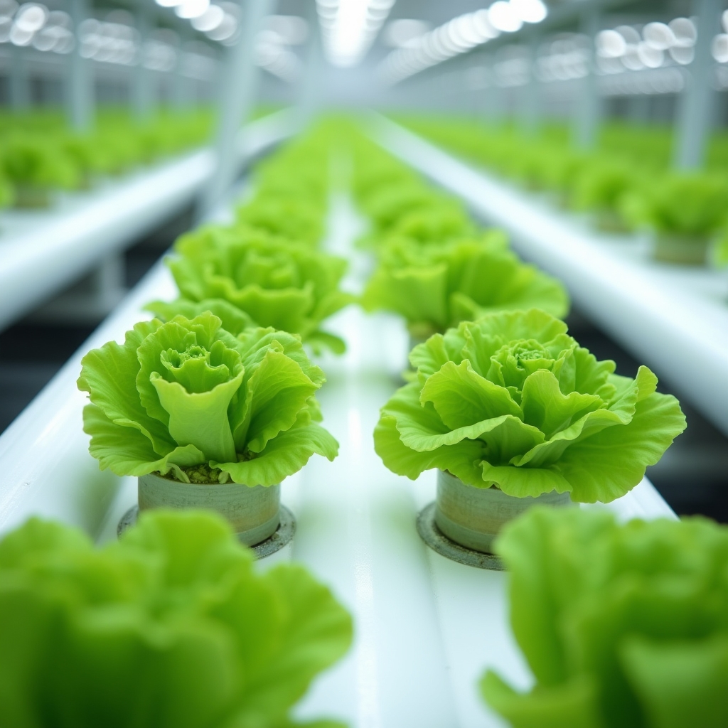 NFT hydroponic channel system with flowing nutrient solution and growing lettuce plants in a clean modern setup